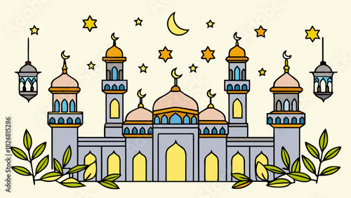 Illustration of a mosque with moon and stars