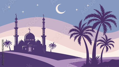 Silhouette mosque with palm trees and crescent moon