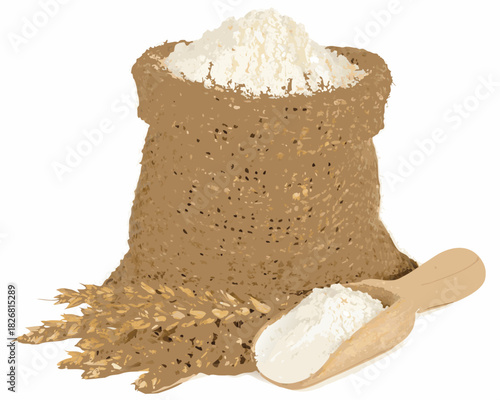 Bag of flour with wheat stalks and wooden scoop of flour