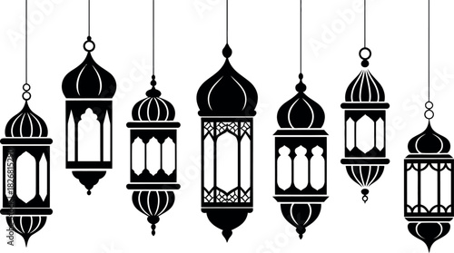 A collection of ornate hanging Arabic lantern silhouettes, traditional symbols for the Islamic holy month of Ramadan