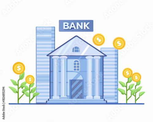 Bank building with growing money plants and gold coins