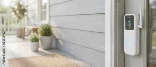A smart video doorbell with a security camera on a house's front door. Modern home automation and surveillance technology for safety and protection. Internet of Things (IoT) concept with copy space