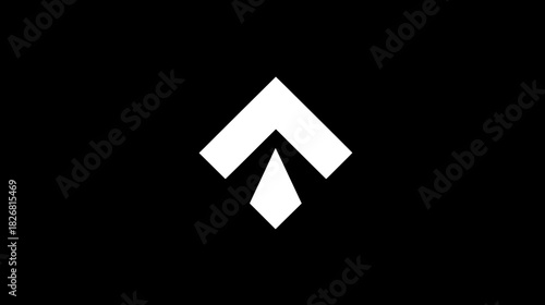 Abstract modern geometric white upward pointing arrow icon or data direction symbol on dark black background, digital concept