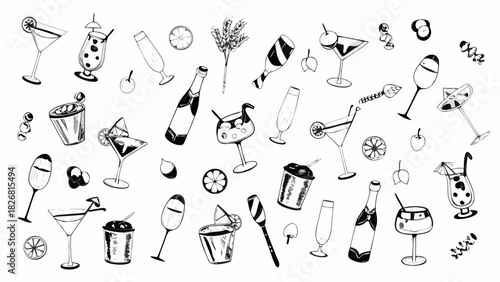 Hand drawn cocktail and drink assortment with fruits and bottles