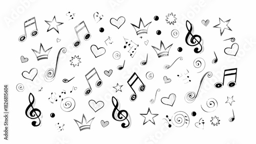 Hand drawn music notes hearts stars and crowns seamless pattern