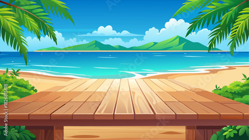 Wooden table surface overlooking a bright tropical beach with turquoise water and clear blue sky, perfect clean backdrop for summer product advertising