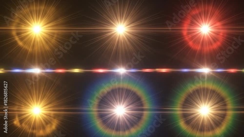 Dynamic Colored Lens Flares and Beams Overlay Animation on a Dark Background