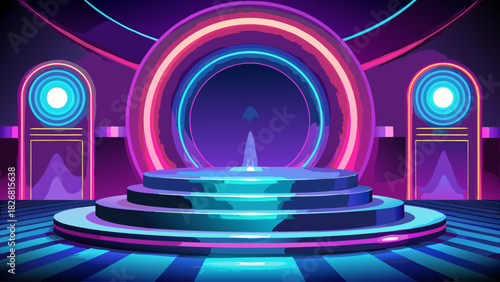 Elegant podium with glowing neon circles, futuristic spotlight stage for premium product showcasing