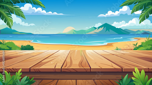 Rustic wooden tabletop with soft sunlight, set against a serene beach and ocean horizon, ideal for showcasing products in a fresh and relaxing summer environment