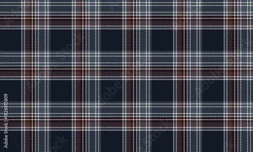 Seamless plaid pattern, navy blue, brown, white, modern design for fashion design, clothing, skirts, pants, dresses, creating a modern and stylish look.