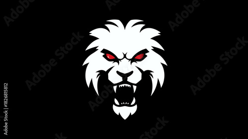 Fierce White Lion Head Roaring Illustration with Bright Red Eyes and Sharp Fangs. Powerful Aggressive Animal Mascot Graphic on Black.