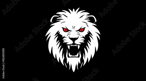 Fierce White Lion Head Illustration with Roaring Expression and Red Eyes on Black Background - Powerful Animal Mascot Graphic