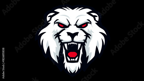 Fierce White Animal Head Mascot Logo Design. Aggressive Predator with Red Eyes, Open Mouth, and Fangs on Black Background.