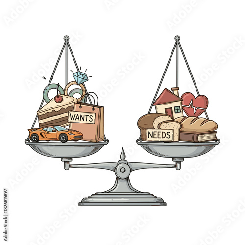 Balancing scale with wants and needs to illustrate Budgeting  