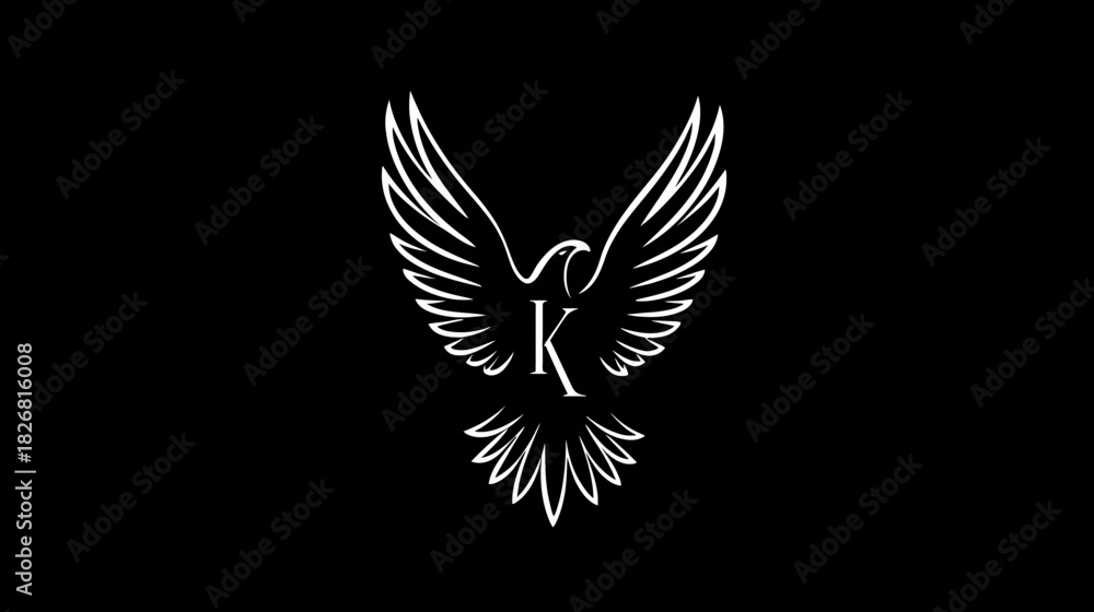Fototapeta premium Stylized white eagle or bird of prey illustration with elegant letter K monogram on a minimalist black background, vector logo design.