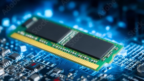 Computer memory module installed on circuit board digital hardware assembly essential for processing operations