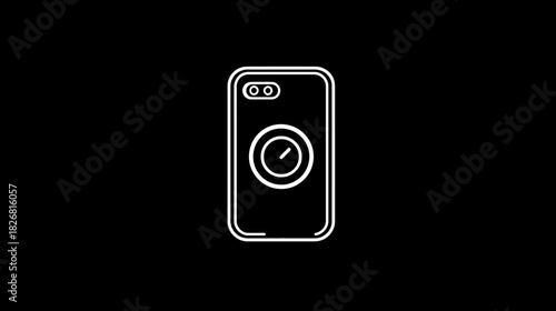 Modern smartphone back outline icon with dual camera and magnetic wireless charging feature on dark background, technology concept.