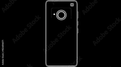Modern smartphone white outline icon with rear camera on black. Generic mobile phone technology, communication device vector.