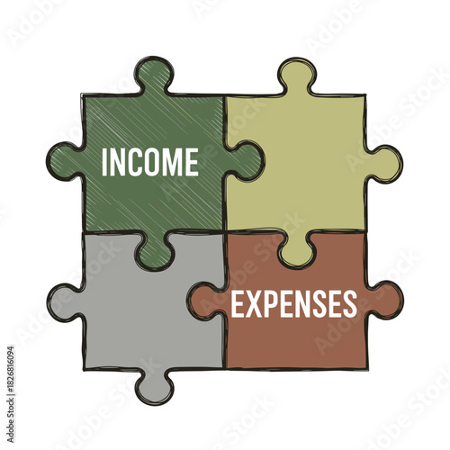 Puzzle pieces of income and expenses illustrating budgeting concept  