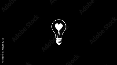 White light bulb with a heart inside, glowing on a dark background, symbolizing a bright idea, love, passion, creativity, or inspiration.