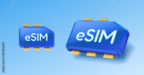 Modern eSIM technology concept presented with two blue digital card icons.
