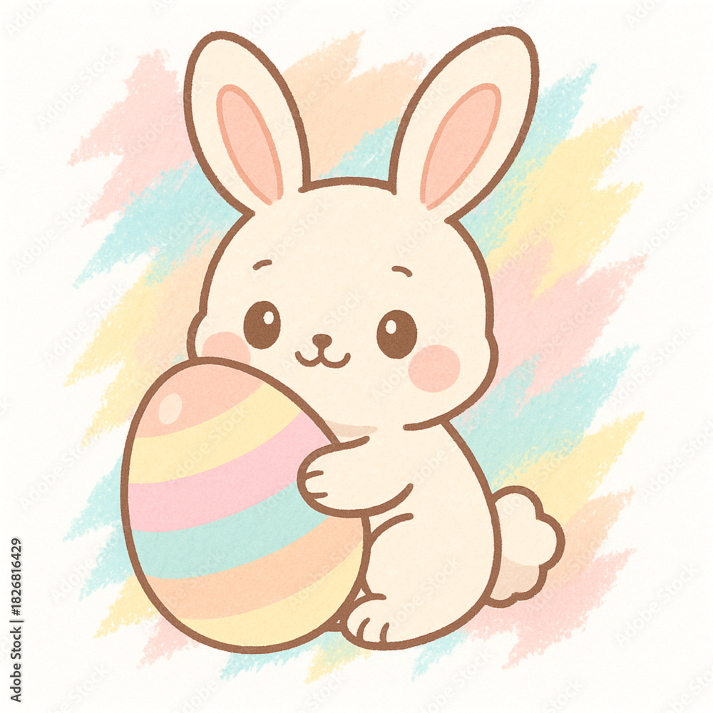 Fototapeta premium Kawaii Easter bunny with giant egg torn vector pastel tones on white background