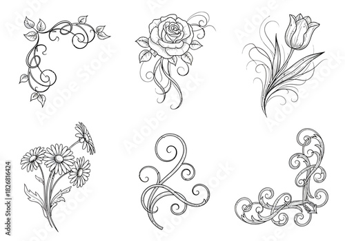 Six black and white floral and scrollwork tattoodesign elements on white