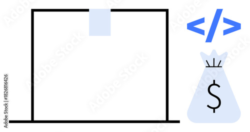 Coding symbol and money bag next to a minimalist interface design, highlighting online earnings, software development, programming, tech economy, financial growth, and innovation. Ideal for digital