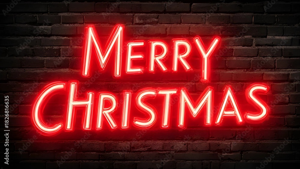 Obraz premium Merry Christmas LED neon text effect sign decoration for holiday festive background celebration. 
