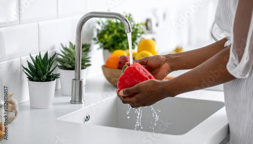 Washing Fresh Red Pepper