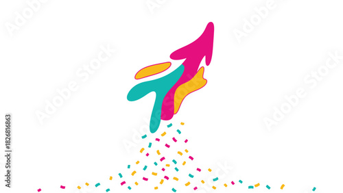 Colorful upward arrow representing growth and progress with confetti.