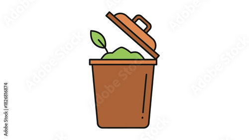 Compost bin with organic waste and green sprout.