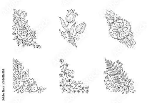 Six blackandwhite floral and foliage corner designs and embellishments