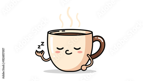 Cute Sleeping Coffee Cup Cartoon Character with Steam.