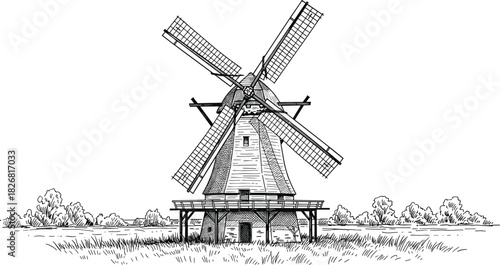 Traditional countryside windmill illustration, rural landscape scene, vintage renewable energy architecture, historic milling structure with trees and field, flat vector