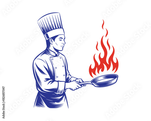 Chef Frying Food with Flames. chef, cooking, food, frying, pan, flame, fire, kitchen.