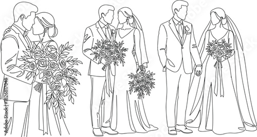 Wedding couple illustration set, romantic bride groom poses, ceremony love moment, bouquet and gown details, formal attire scene, flat vector