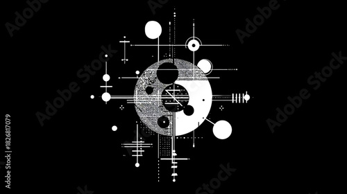 Abstract futuristic geometric design with intricate circles, lines, and patterns on a black background, symbolizing science, technology, and data.