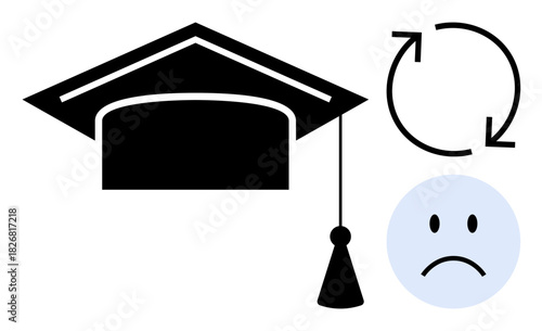 Education challenges. Graduation cap, reload symbol, and sad face reflecting education struggles, career setbacks, and continuous learning loops. education reform, obstacles, mental health progress