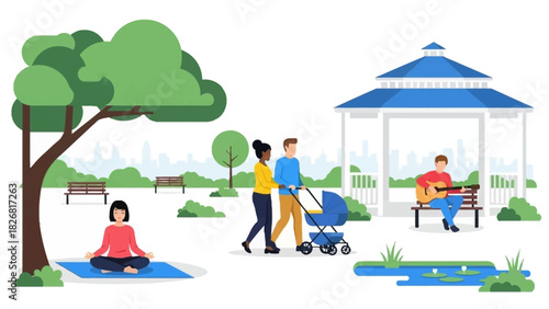 Diverse group of people enjoying leisure activities in a city park.