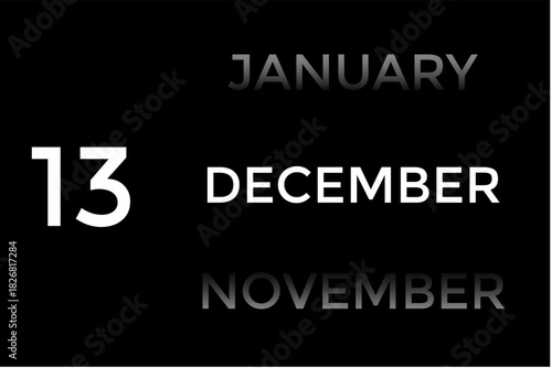 December 13 calendar with black background. A minimalist calendar template with well-structured date boxes and a sleek layout. This image is ideal for illustrating concepts such as time planning