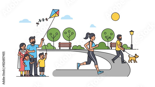 Family flying kite and people jogging in park.