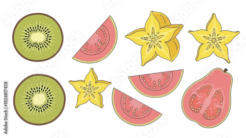 Exotic Fruit Medley - Kiwi, Guava, Star Fruit, and Watermelon Slices.