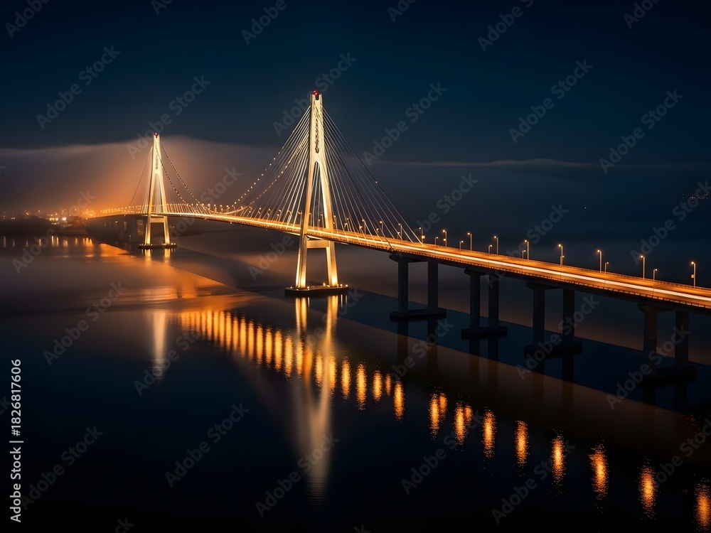 Obraz premium Suspension bridge illuminated at night over calm water reflecting lights