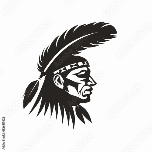 Strong graphic vector illustration of a man's profile wearing an elaborate feathered headdress. Depicts tradition and power.