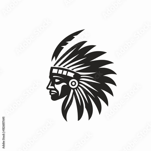 Stylized profile icon of an indigenous leader or warrior wearing a traditional feathered headdress. Generic vector illustration.
