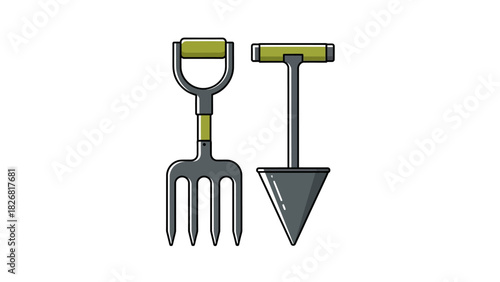Garden tools illustration featuring a pitchfork and a shovel for gardening tasks.
