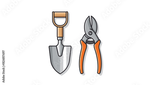 Gardening Tools Illustration - Shovel and Pruning Shears for Horticulture.