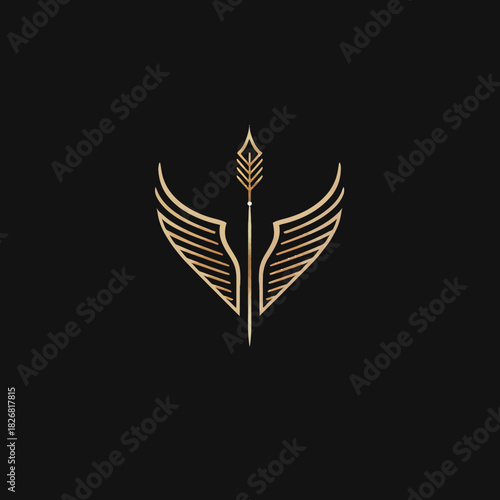 Golden winged spear arrow logo design. Elegant mythical emblem with feather details on a dark background for luxury branding.