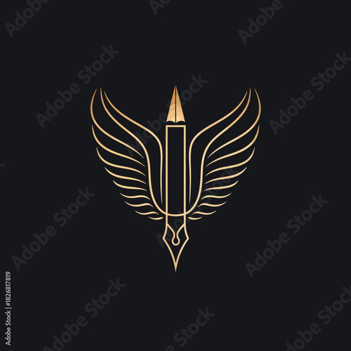 Elegant Golden Winged Pen and Pencil Logo. Creative Line Art Emblem for Writing, Art, Education, or Author Concepts.